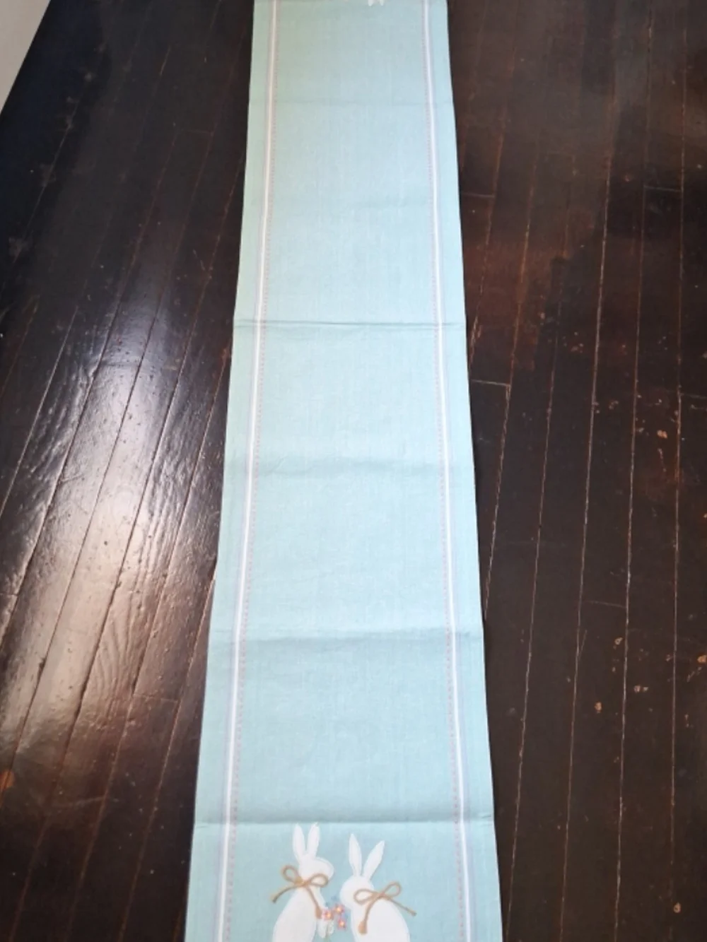 Light Blue Cotton Table Runner with Bunny Motif With Plaid Backing.used Both Sid